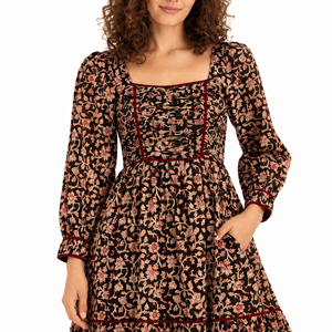 <b>Womens</b> Black Floral Print Henley Neck Tiered Midi <b>Dress</b> with Smocked Back Three Quarter Sleeves Pockets Organic Cotton Woven - Product Image 5
