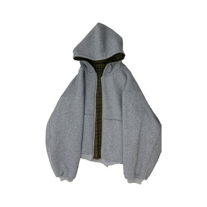 Sudadera con Capucha y Cremallera Extra Grande para Hombre, Color Gris Sólido, Forro a Cuadros, Ropa Casual de Otoño, 100% Algodón, Felpa Francesa Transpirable - Product Image 1