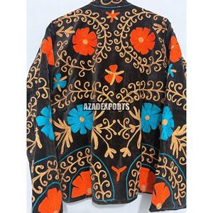 <b>Black</b> Embroidered <b>Velvet</b> Woven Safari Pullover <b>Jacket</b> Women Suzani Floral Stand Collar Full Sleeve Cotton Lining Autumn/Winter - Product Image 5