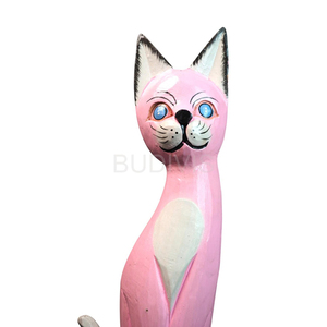 Figurine de chat en bois peinte à la main rose pastel avec finition sculptée lisse, ornement de décoration pour la maison - Product Image 2