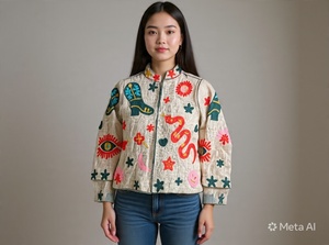 <b>Velvet</b> Suzani Short Cotton Knitted Heated Winter Varsity <b>Jacket</b> Rich Texture Intricate Embroidery Stripe Pattern Eco-Friendly - Product Image 5