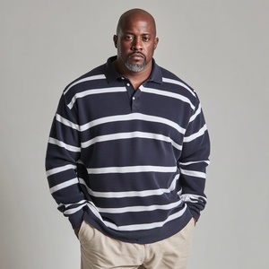Pull polo rayé en maille pour homme grande taille, mélange coton biologique et chanvre, coupe ample - Product Image 1