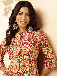 Conjunto de Kurta y Palazzo Étnico de Algodón con Estampado Floral Rojo para Mujer, Corte Regular, Largo hasta la Rodilla, Ropa Casual de Secado Rápido, Estilo India Pakistán, para Verano - Product Image 3