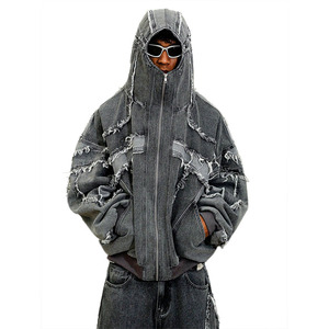 Fashionable Custom Oversized Distressed <b>Denim</b> Hoodie <b>Jacket</b> Vintage Washed Streetwear Unisex Heavyweight Zip Up Men's Hoodies - Product Image 1