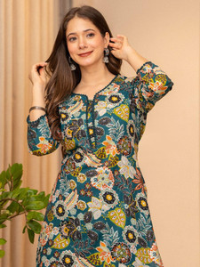 Ethnic Cotton Quick Dry Traditional Knee-Length <b>Kurta</b> Pant <b>Women</b> Regular Fit Digital Printed Floral Design India Pakistan Casual - Product Image 4