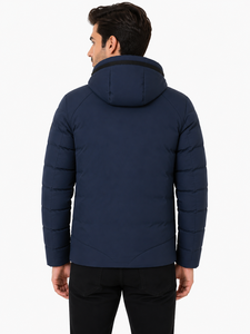Veste matelassée à capuche bleu marine pour homme avec fermeture éclair intégrale, manteau d'hiver rembourré et isolé, décontracté - Product Image 3