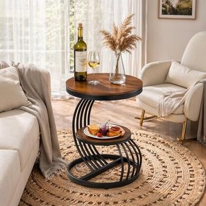 Round 2 Tier Side <b>Table</b> Wood Grain Accent <b>Table</b> Metal Frame <b>Bedside</b> End <b>Table</b> for Living Room - Product Image 5