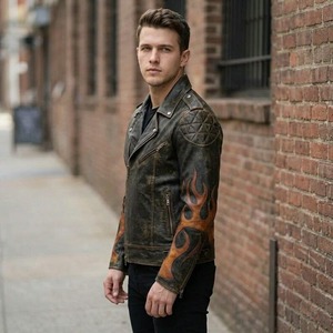 Veste de motard en cuir véritable vieilli pour homme avec motif flamme - Product Image 5