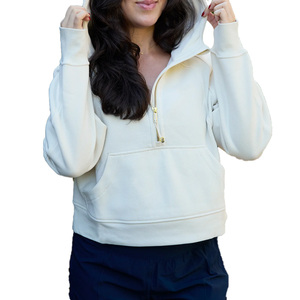 <b>Women's</b> <b>Cream</b> Hooded Sweatshirt Full Sleeve Solid Color <b>Fleece</b> Half Zipper Front Breathable Autumn Casual Wear - Product Image 2
