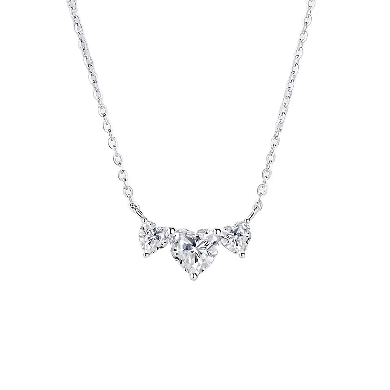 Elegant summer 925 sterling silver fine jewelry three diamond zircon heart shape pendant necklace for women