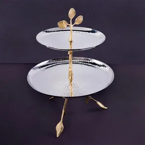 Élégant support à gâteau à deux niveaux en acier inoxydable, plateau argenté, design feuille d'or, largeur 30 cm, hauteur 41 cm - Product Image 3