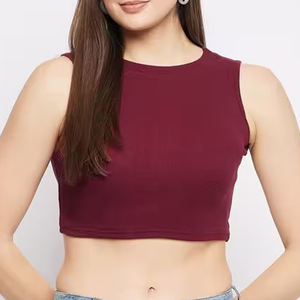 Gran oferta, venta al por mayor, Top corto de entrenamiento, transpirable, sólido, de verano para mujer, ajustado, sin mangas, chaleco con cuello levantado, tejido fino de BD - Product Image 2