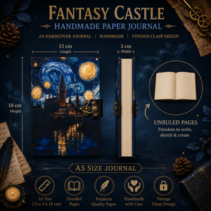 <b>A5</b> Fantasy Castle Handmade Paper Journal | Eco Friendly Hardcover Lock Diary with Night Sky Artwork Design Gift Set for Journals - Product Image 6