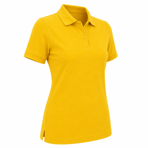 Chemise pour femme, couleur unie, manches courtes, col rabattu, décontractée, tissée, 100% polyester, jaune, coupe ajustée, longueur normale, écologique - Product Image 3