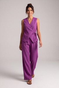 Women's Two Piece Cotton <b>Set</b> Sleeveless V-Neck <b>Blazer</b> Top With Wide Leg Pants Loose Fit Solid Color Casual Spring Summer Wear - Product Image 1