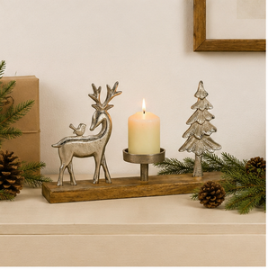 Handmade Silver Aluminum Reindeer Christmas <b>Tree</b> Candle Holder Natural Wood Base Modern Eco-Friendly Festive Holiday <b>Tabletop</b> - Product Image 4