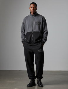 Chándal Premium de Felpa para Hombre, Estilo Holgado con Cierre, en Gris y Negro con Bordado Desgastado - Product Image 1