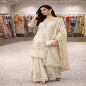 Conjunto VASTRA COTTAGE de Top, Plazo y Dupatta de Seda Chinon Pesada con Bordado de Hilo y Lentejuelas, Completamente Cosido, Ropa Festiva para Mujer - Product Image 3