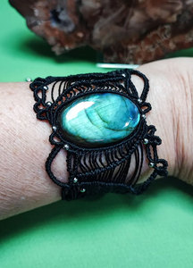 Black Macrame Labradorite Statement Cuff <b>Bracelet</b> Handmade Boho Healing Crystal <b>Adjustable</b> Cord Beaded Jewelry Wholesale - Product Image 3