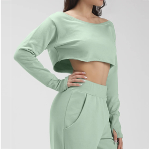 Women's Off Shoulder Cropped Sweatshirt Mint Green Long Sleeve Distressed <b>Hem</b> Custom Logo Crop <b>Top</b> - Product Image 4