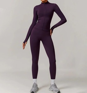 Wholesale Womens Seamless <b>Zipper</b> <b>Jacket</b> Top and Pants Set High Elasticity Yoga Running Sportswear Comfortable Gym Outfit - Product Image 3