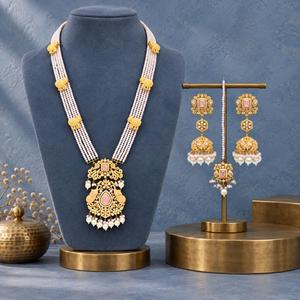 <b>Gold</b> Plated Pink Rani Haar Necklace <b>Set</b> with Jhumka Earrings and Maang Tikka Pakistani Bridal Jewelry Wholesale Manufacturer - Product Image 2