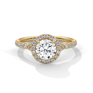 Classic Round Cut Lab Grown Diamond <b>Ring</b> Featuring Halo Sparkle Prong <b>Set</b> Center Diamond & Side Paved Band In 14k Yellow <b>Gold</b> - Product Image 1