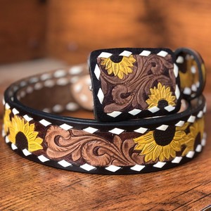 Cinturón Occidental de Cuero de Grano Completo Hecho a Mano, Correa de Hebilla Extraíble Unisex de Girasol con Estilo Occidental - Product Image 4