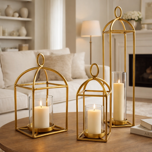 Modern Gold Metal <b>Lantern</b> Candle Holder <b>Set</b> with Glass Hurricane Inserts Decorative Tabletop Centerpiece for Home Wedding Party - Product Image 1