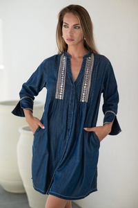 Vestido Camisero Azul Vaquero con Cuello en V, Manga Larga, Bordado a Mano, Cierre de Botones Delanteros, Corte Regular, Largo Mini, Uso Diario Informal, 100% Denim - Product Image 2