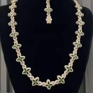 Conjunto de Collar de Lujo con Diamantes Florales Engastados, Unisex, con Pavé Completo de Moissanita, Cadenas Modernas, Joyería de Diseño Chapada en Plata - Product Image 1