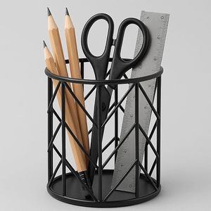 Round Metal Pen Holder with Geometric Wire Design <b>Large</b> Capacity <b>Black</b> Finish - Product Image 3