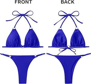 Women Blue Halter <b>Bikini</b> Set Solid Color Stretch Spandex Two Piece Swimwear With Gold Rings Thong Bottom - Product Image 3