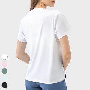 T-shirt à manches courtes col rond pour femme, couleur unie, tricoté, séchage rapide, coupe décontractée, à porter toute l'année - Product Image 3