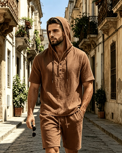 Men's Cotton Hooded Short Sleeve Shirt Set Solid Color Casual Summer Breathable Woven Quick Dry 120g 2pcs Outfit Made Bangladesh - Product Image 1