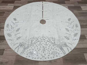 White <b>Christmas</b> <b>Tree</b> Skirt with Sequin <b>Trees</b> and Snowflake Embellishments Scalloped Edge Decorative Holiday Base Cover - Product Image 2