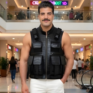 Gilet en cuir de crocodile gaufré personnalisé pour homme – Veste tactique streetwear – Gilet de motard en cuir Super Rider - Product Image 4