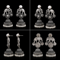 Boucles d'oreilles Jhumka en argent oxydé en forme d'éléphant avec zircon, sertissage clos, pour femme, livraison rapide, directement de l'usine