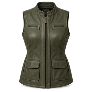 <b>Women's</b> Utility & Multi-Pocket Leather <b>Vests</b> | Grey Black Burgundy <b>Brown</b> Olive | OEM ODM Manufacturer | Premium Quality | - Product Image 1