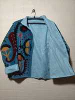 Veste Kimono Ethnique en Velours Brodé Suzani, Faite à la Main, Style Bohème, Vintage, Bleu, Col Montant, en Coton, Spéciale Hiver
