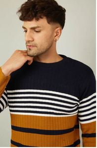 Soft Touch Crew Neck Stripe Sweater for <b>Men</b> Trendy Casual Striped <b>Pullover</b> Sweater From India Supplier At Best Price - Product Image 2