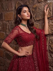 Burgundy Beaded Lehenga Set <b>Sequin</b> Mesh Dupatta Sleeveless Banarasi Style Evening Dress for Wedding Party For Women Wear - Product Image 3