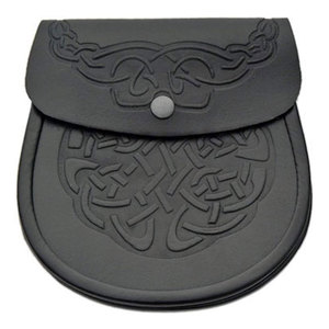 Sporran medieval de cuero genuino negro con nudo celta, doble relieve, para kilt escocés, con cadena y cinturón - Product Image 1