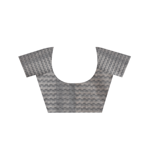 Sari en soie et coton à motif géométrique crème avec bordure grise, tissu Habotai tissé pour femmes, poids moyen, 58/60 pouces - Product Image 5