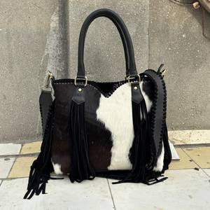 Best Selling Premium Genuine Cowhide Leather Tote Bag Hand Tooled Strap Hair-on Shoulder Handbag With Fringes For Women - Product Image 5