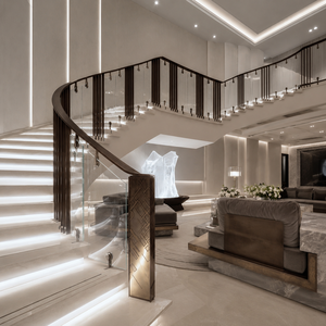 Rampe d'escalier en verre courbé illuminée, design moderne de luxe pour hall de villa, avec marches LED et main courante en métal - Product Image 2