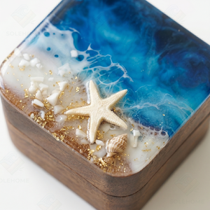 Walnut Wood Resin Polished 3D Ocean Wave Engagement Jewelry <b>Box</b> Starfish Velvet Lining Wedding <b>Proposal</b> Handcrafted European - Product Image 4