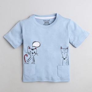 Polka Tots Half Sleeve T-Shirt With Cat <b>Thinking</b> in The Pocket Print - Blue - Product Image 1