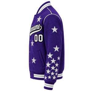 Veste universitaire unisexe d'hiver violette avec col montant, étoiles blanches et broderie de lettres, manteau streetwear à bouton unique - Product Image 2