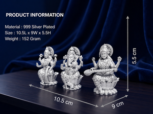 Jaipur Metals - Ídolo de Laxmi Ganesh Saraswati con forma de loto largo, chapado en plata 999 |   100% Latón |   10.5x9x5.5cm |   152g |   Boda Hecha a Mano - Product Image 3